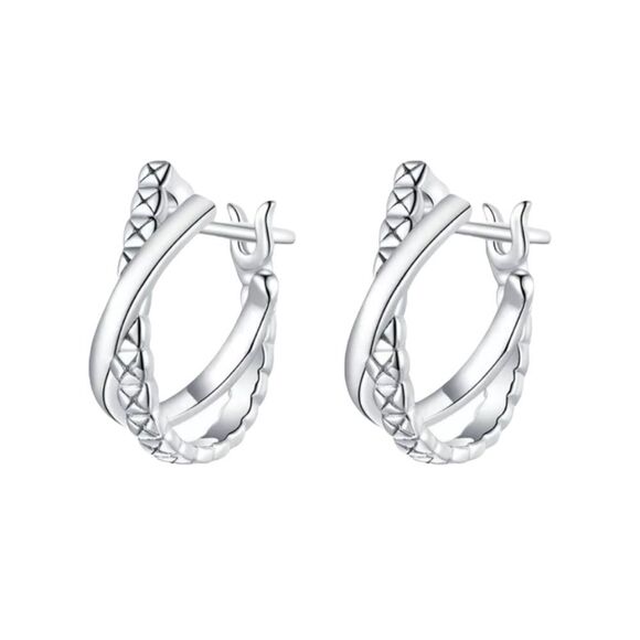 Platinum Plated Criss Cross 925 Sterling Silver Huggies Earrings - Picture 1 of 11